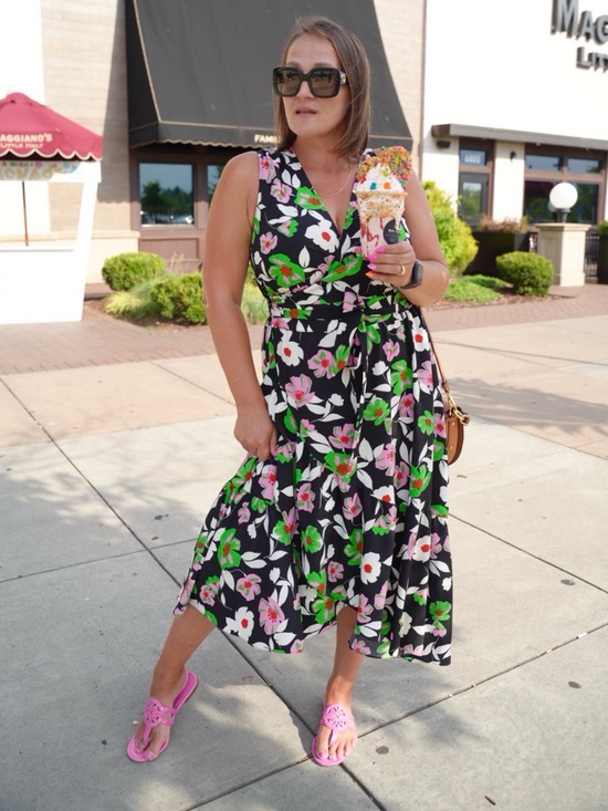Who What Wear Dresses & Skirts - Who What Wear Floral Wrap Midi Dress - Black with Pink & Green Floral